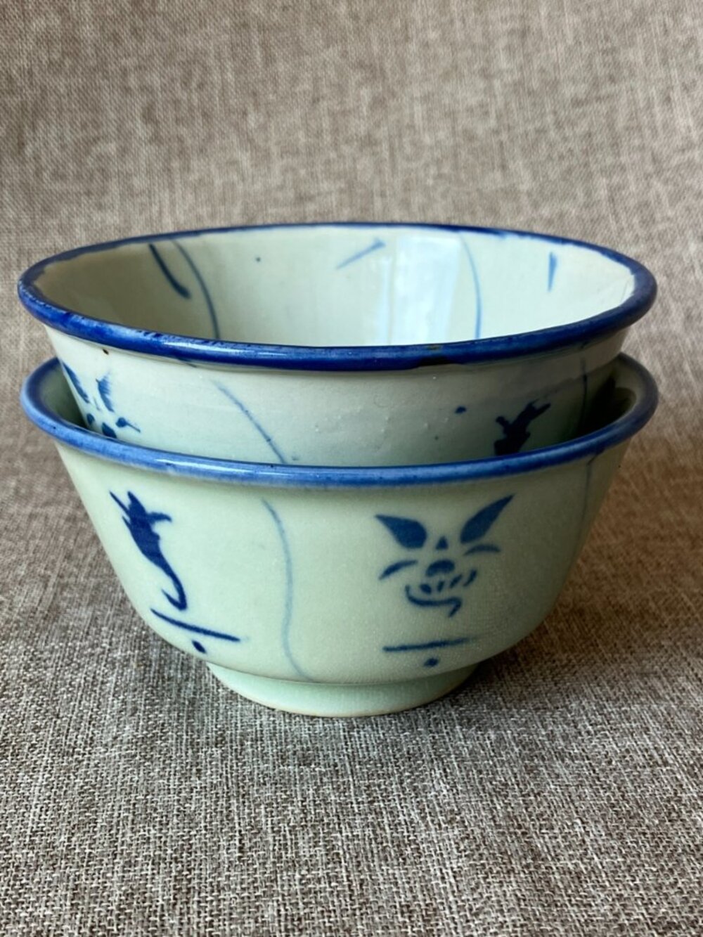 Set of 2 Chinese Porcelain Rice Bowls Cobalt Blue Celadon Spiral Eye Design 4.5"